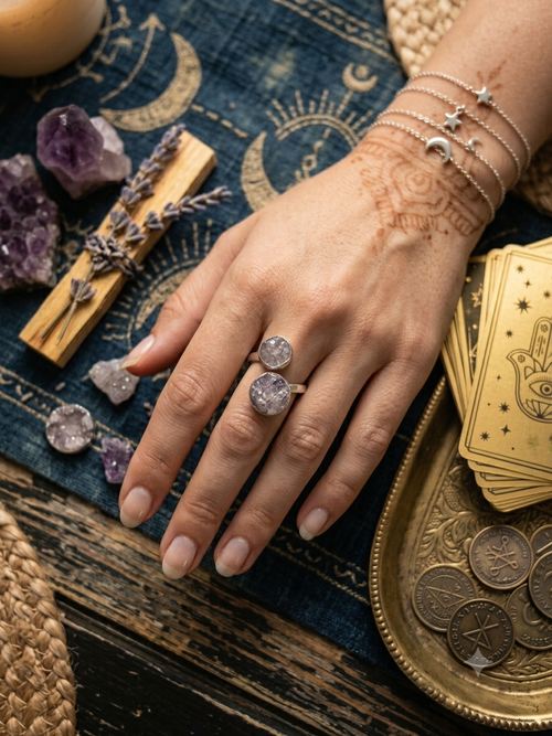Amethyst and Clear Quartz Adjustable Ring