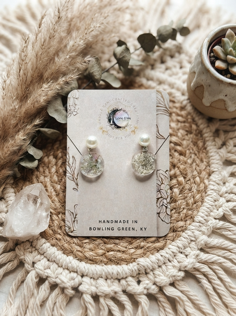 Resin White Flower Pearl Stud Dangle Earrings