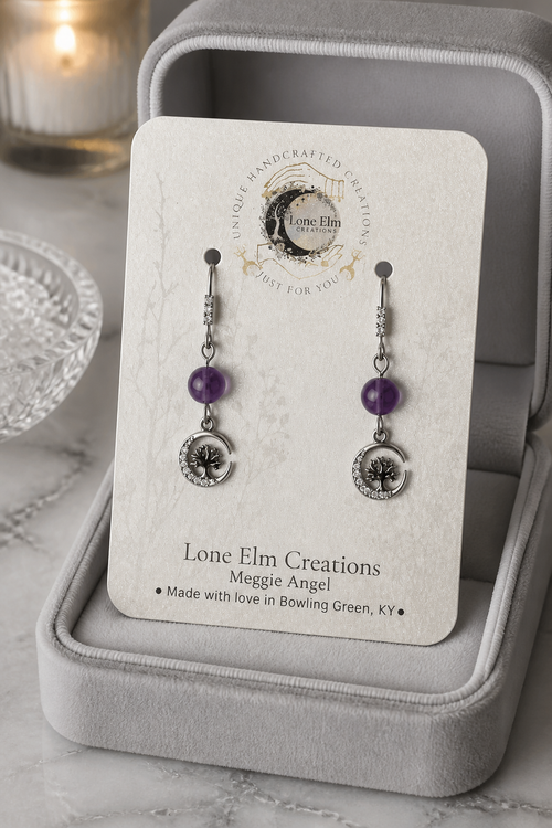 Amethyst Crescent Moon CZ Dangle Earrings