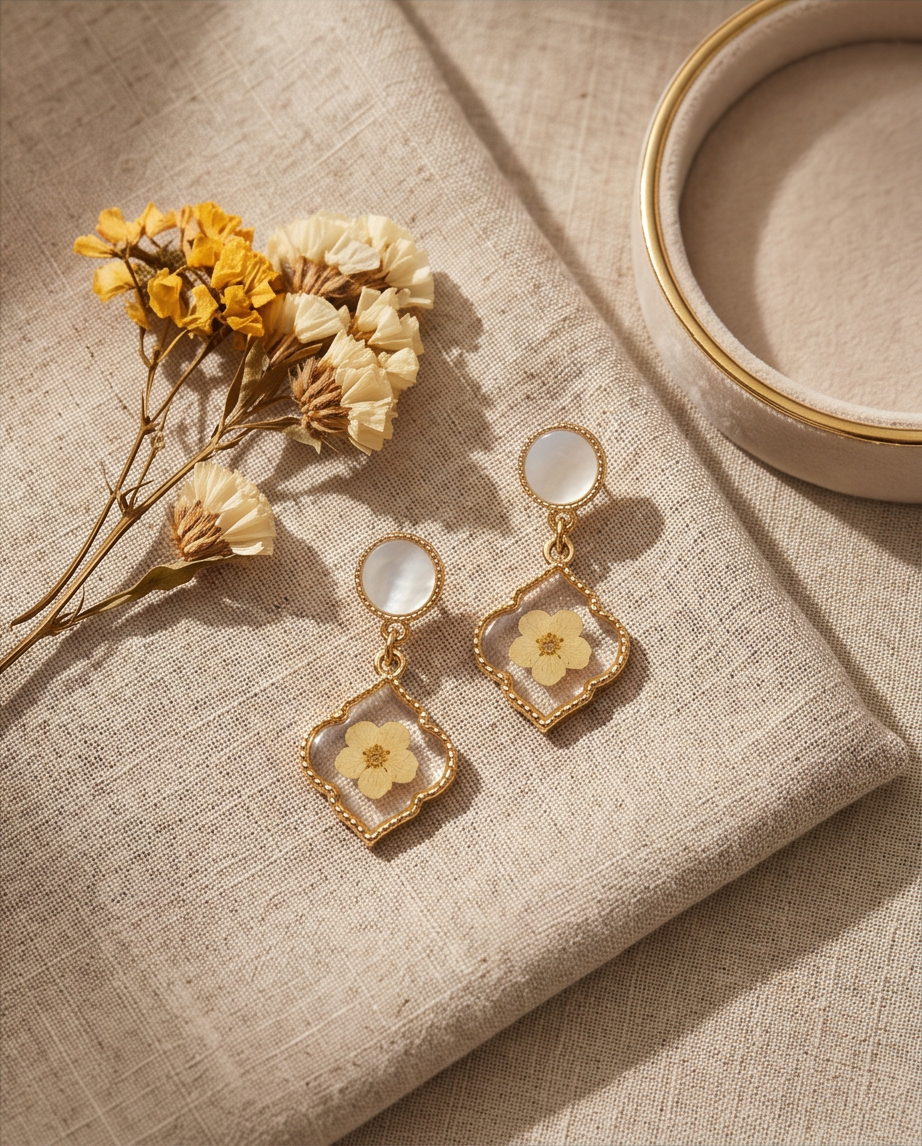 Resin Flower Gold Drop Earrings