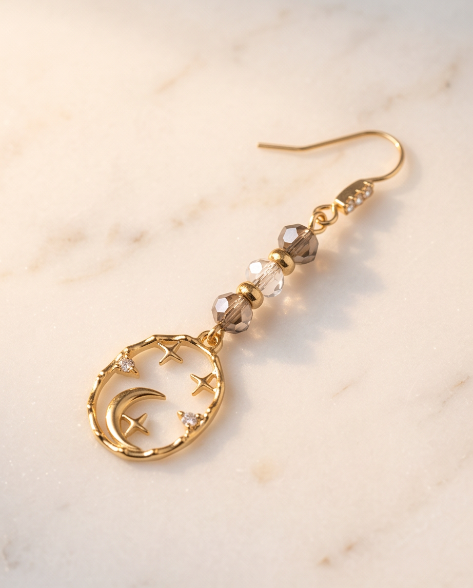 Gold Beaded CZ Moon Dangle Earrings