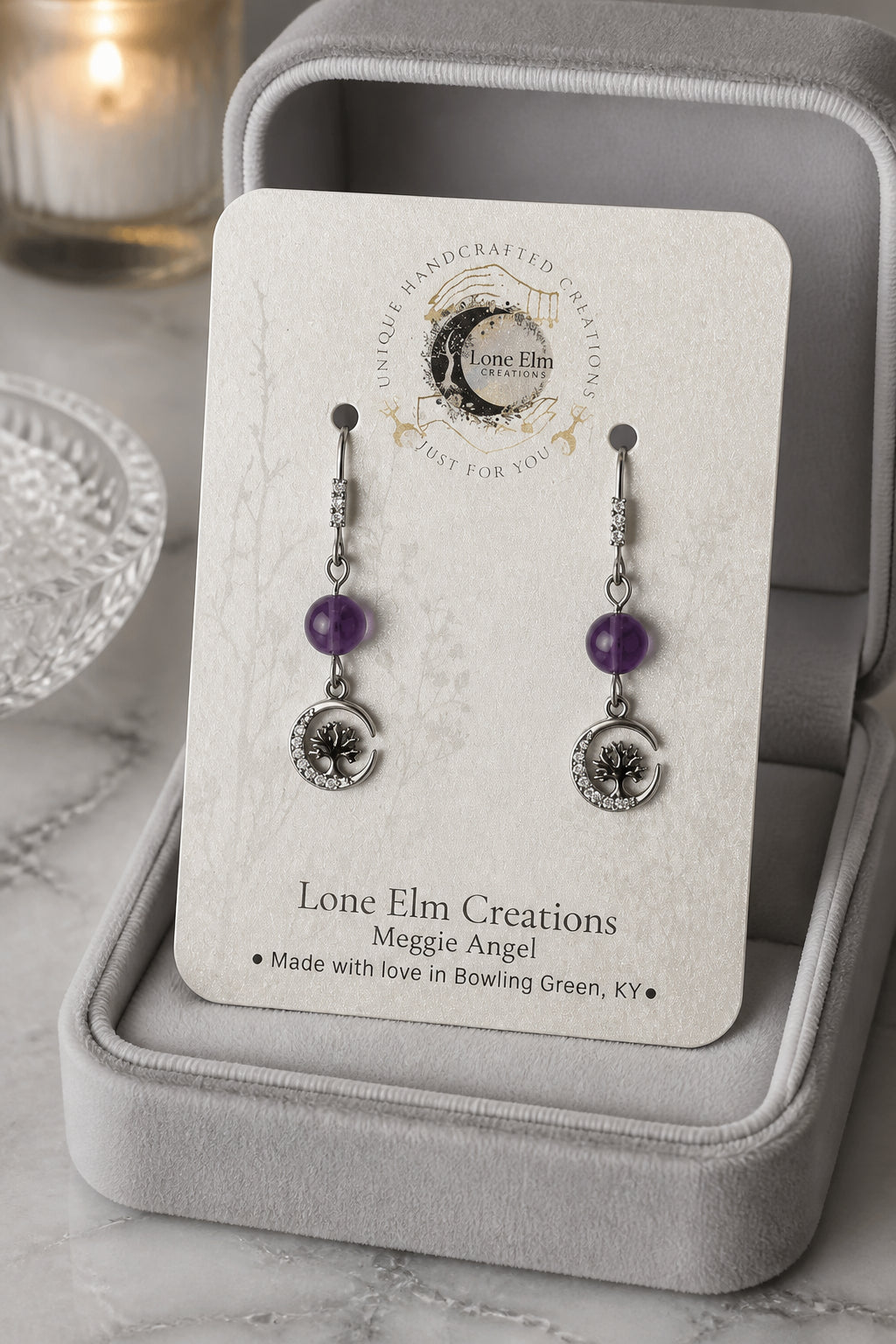Amethyst Crescent Moon CZ Dangle Earrings