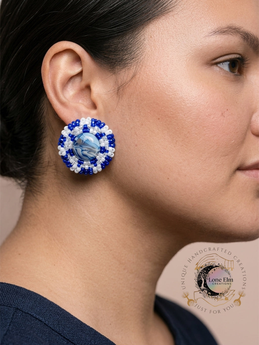Blue and White Beaded Earrings