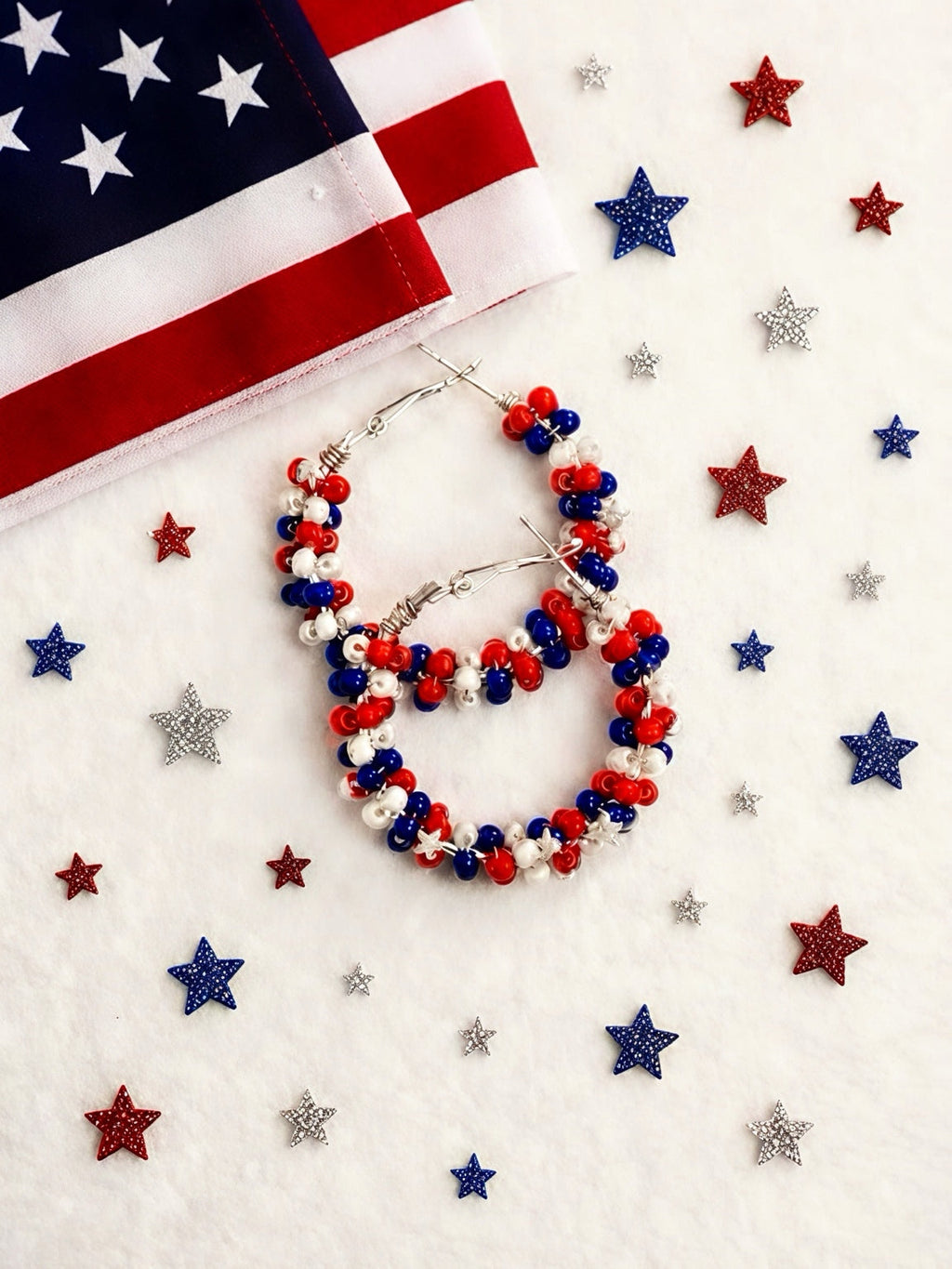 Red, White and Blue Beaded Hoop Earrings