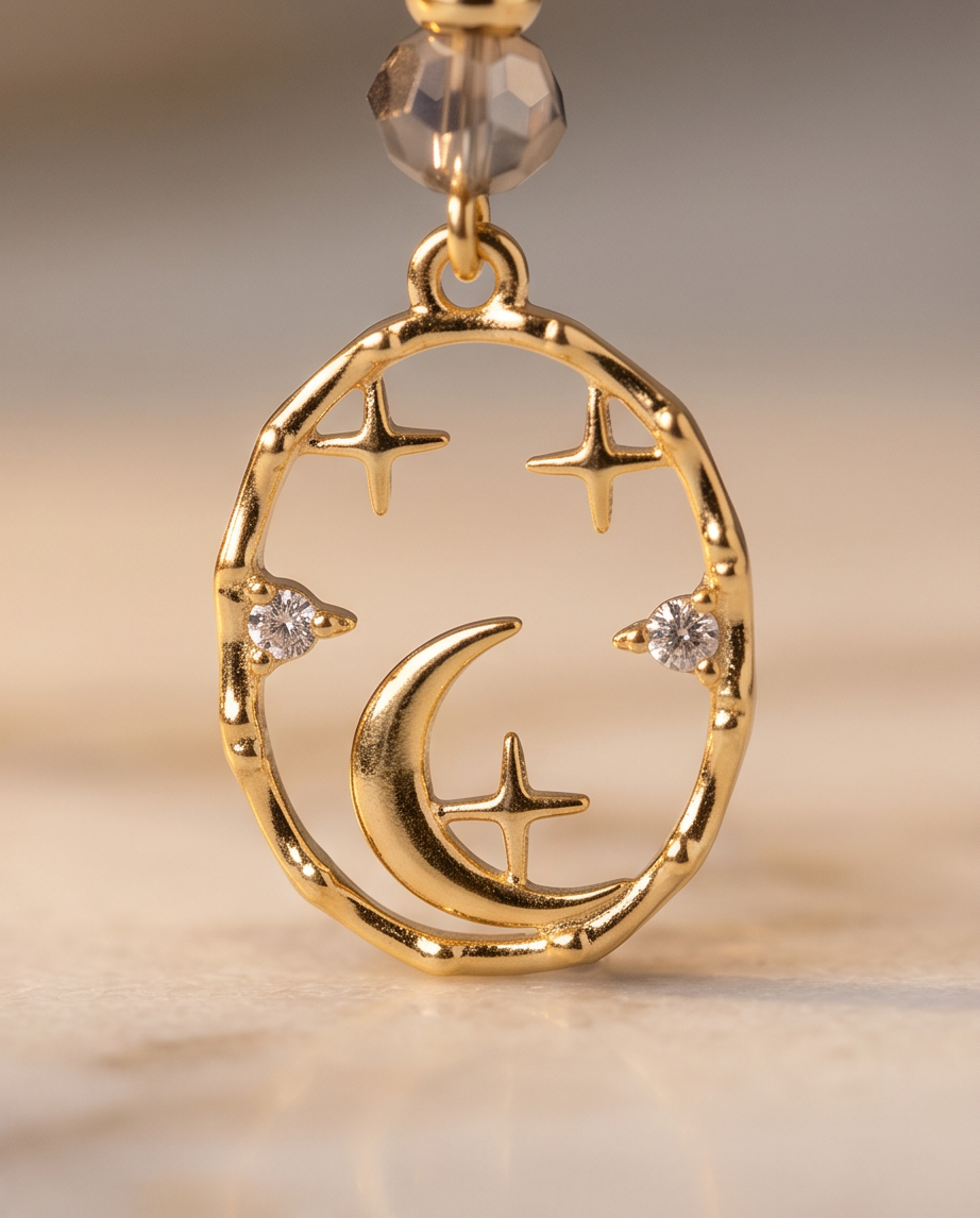 Gold Beaded CZ Moon Dangle Earrings