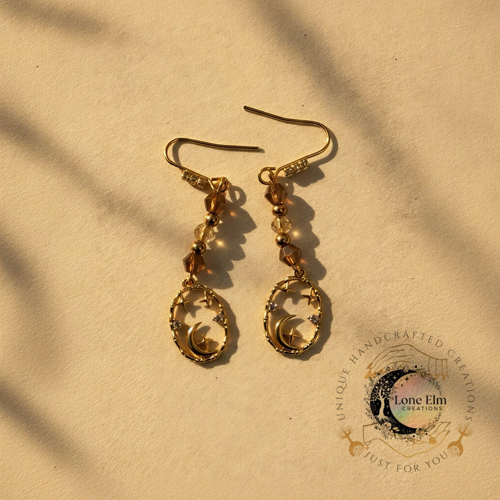 Gold Beaded CZ Moon Dangle Earrings