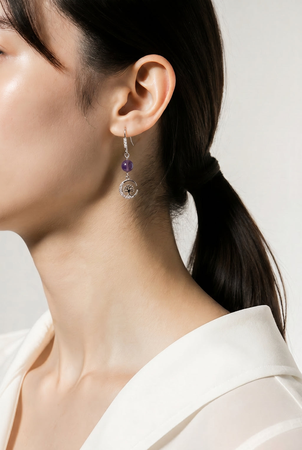 Amethyst Crescent Moon CZ Dangle Earrings
