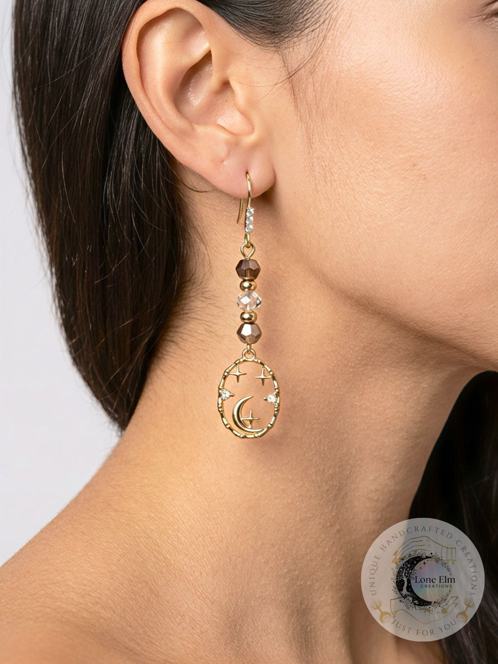 Gold Beaded CZ Moon Dangle Earrings