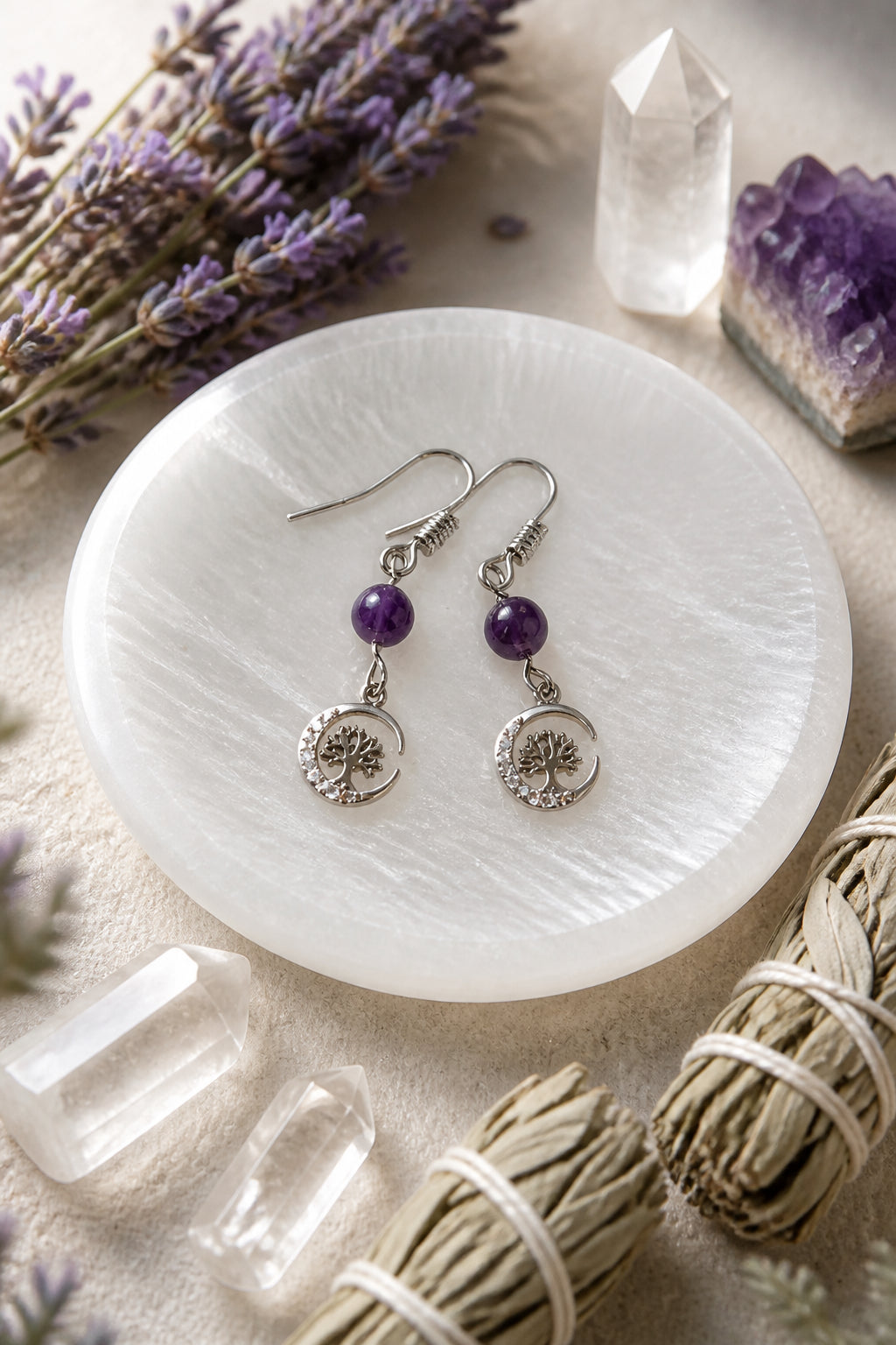 Amethyst Crescent Moon CZ Dangle Earrings