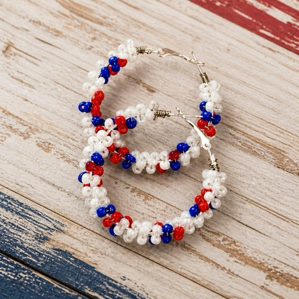 Red, White, and Blue Beaded Hoop Earrings
