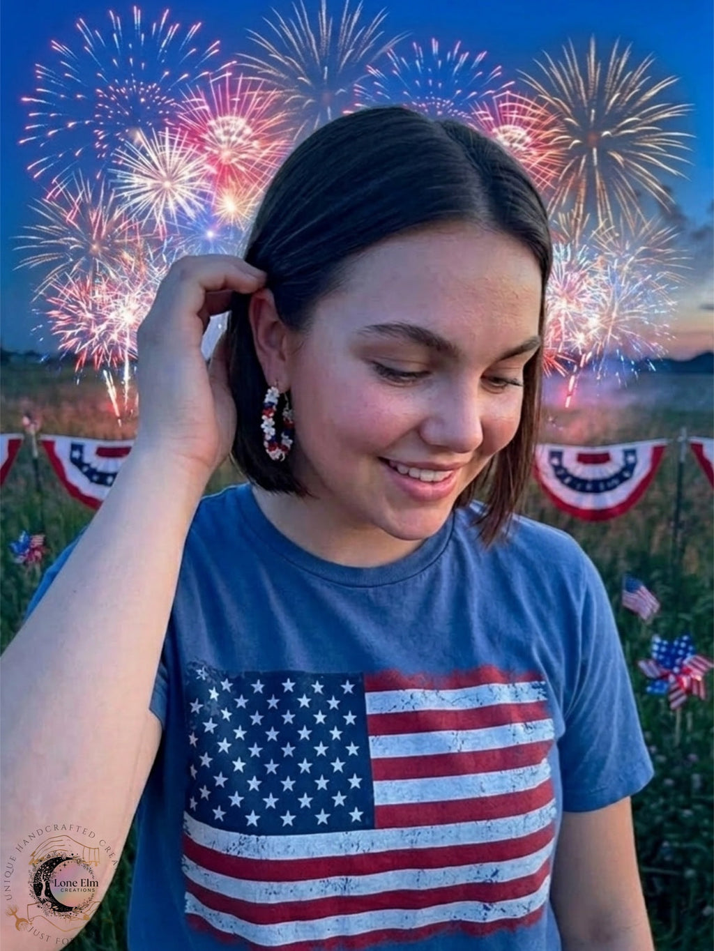 Red, White, and Blue Beaded Hoop Earrings