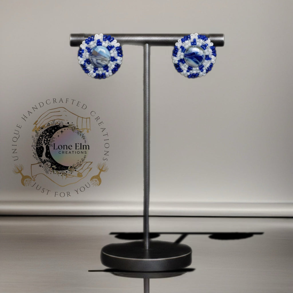 Blue and White Beaded Earrings