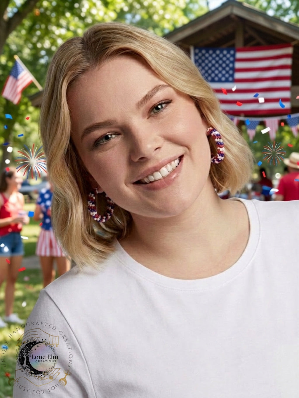 Red, White and Blue Beaded Hoop Earrings