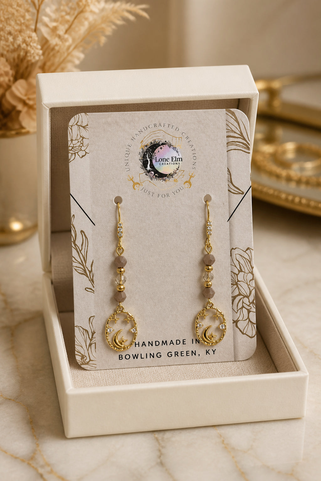 Gold Beaded CZ Moon Dangle Earrings